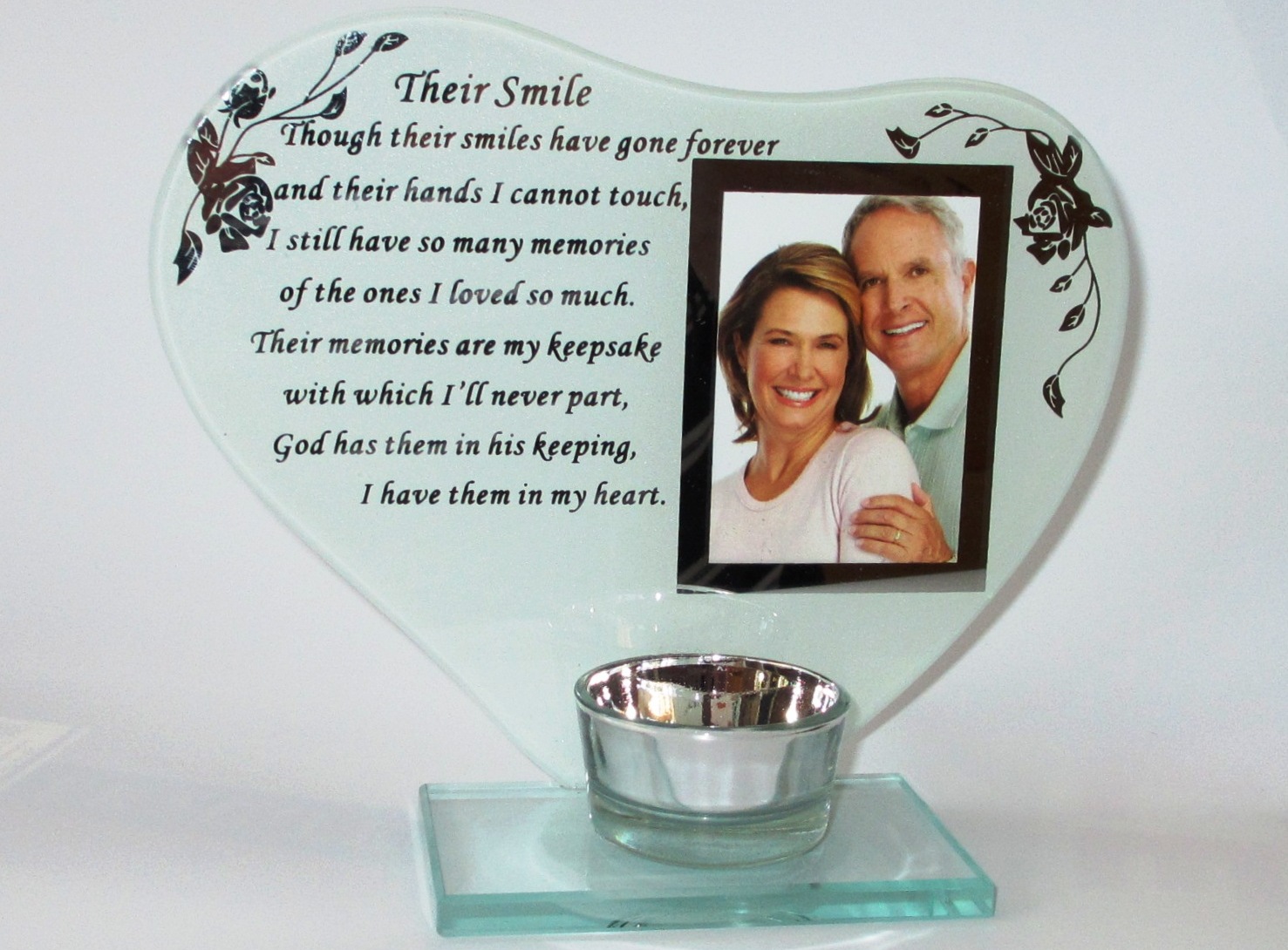 His Smile Heart Shape Candle & Photo Holder Glass Inspirational Poem Photo Frame 